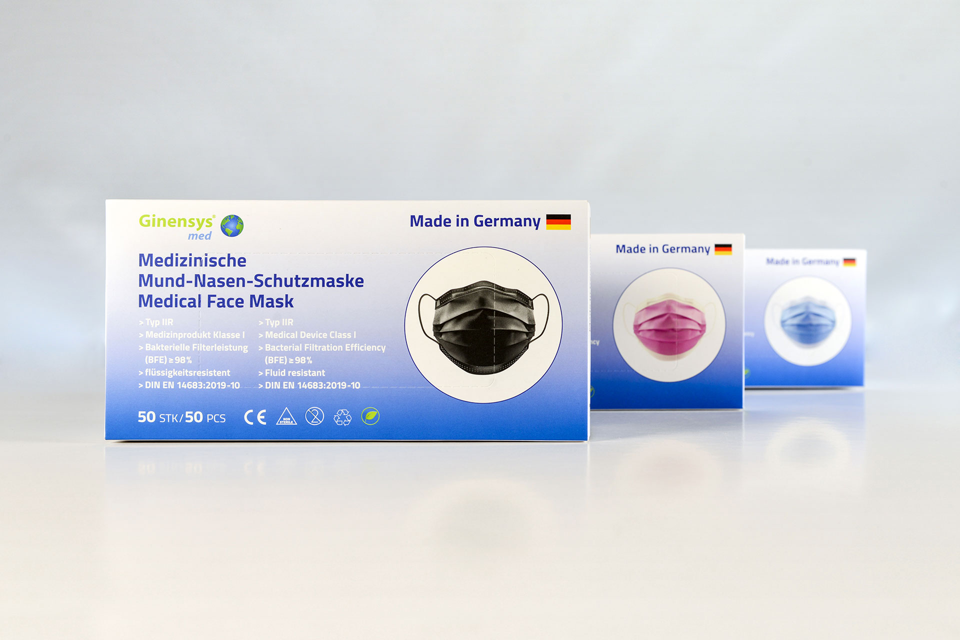 Medizinische Gesichtsmaske Typ II R, in den Farben schwarz, blau, rosa